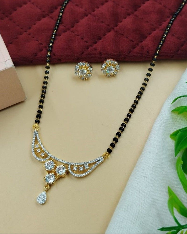 Designer Diamond-Style Mangalsutra with Curved Pendant & Floral Stud Earrings – Daily Wear
