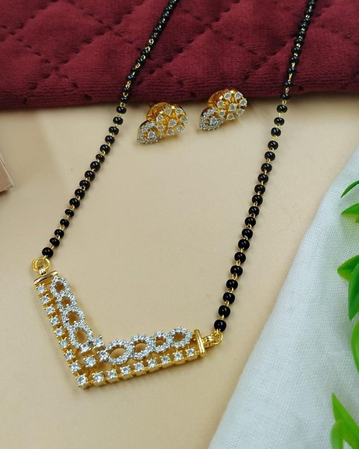 Designer L-Shape Diamond-Style Mangalsutra with Black Beads & Stud Earrings – Modern Daily Wear