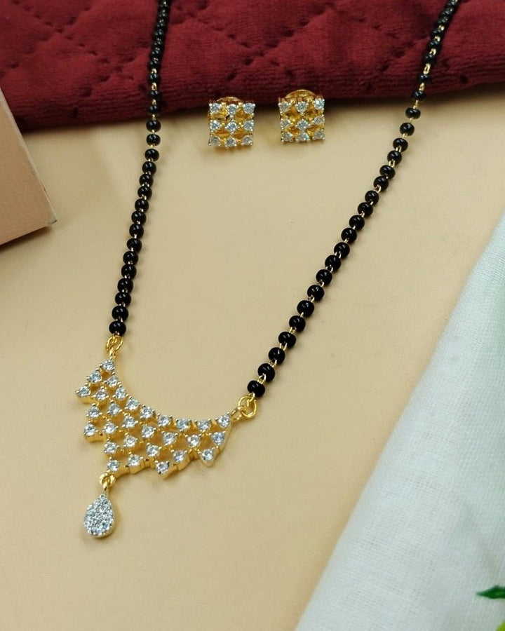 Designer Zig-Zag Diamond-Style Mangalsutra with Black Beads & Square Stud Earrings