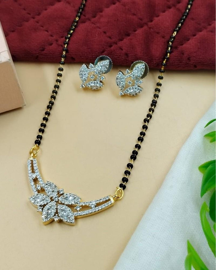 Floral Curve Diamond-Style Mangalsutra with Black Beads & Matching Stud Earrings
