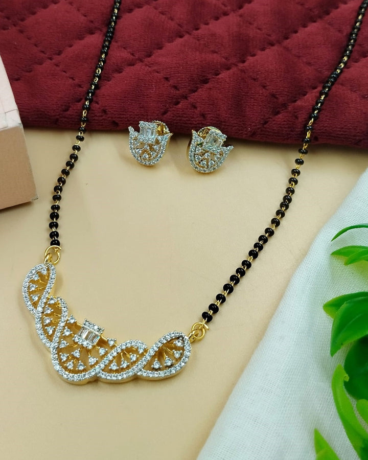 Wave Pattern Diamond-Style Mangalsutra with Black Bead Chain & Stud Earrings
