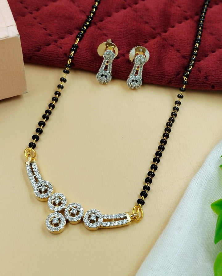 Linked Circle Diamond-Style Mangalsutra with Black Bead Chain & Stud Earrings