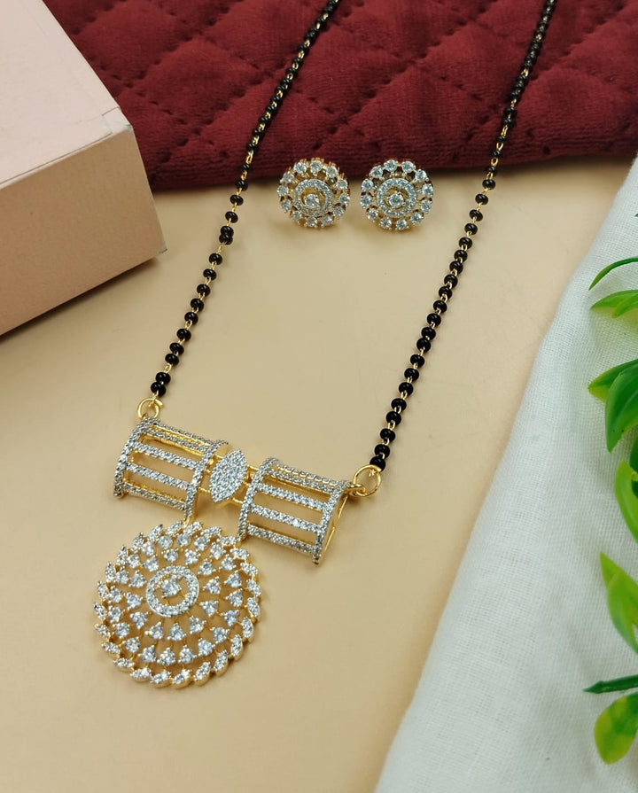Round Layered Pendant Mangalsutra with Black Bead Chain & Stud Earrings