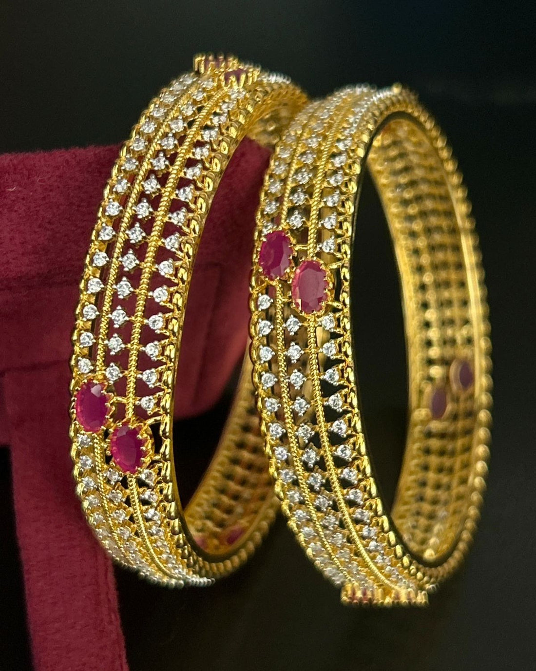 Gold AD Stone Bangles Set with Red & Green Variants | 2.4, 2.6, 2.8 Sizes