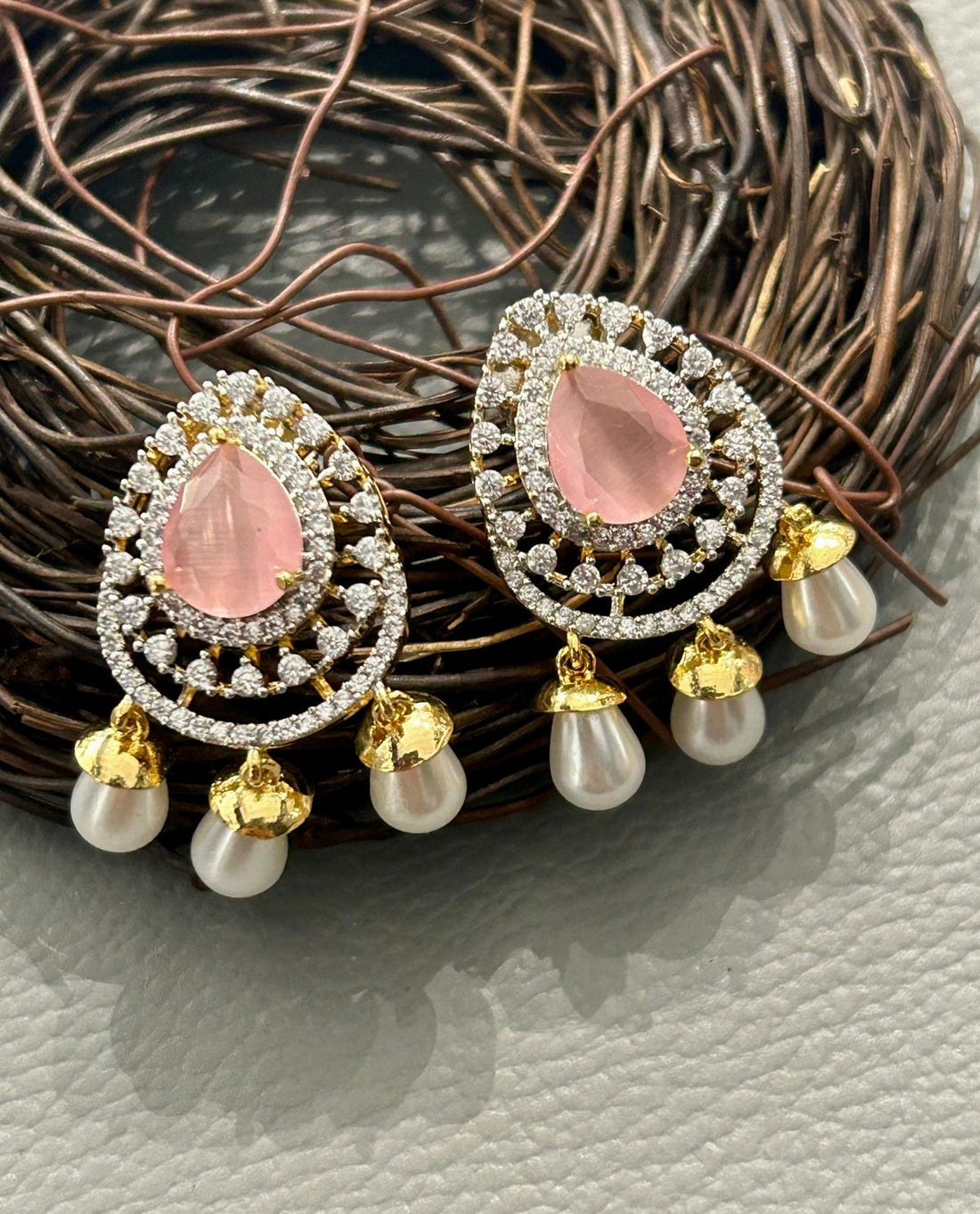 Pink Stone Pearl Drop Earrings | Gold Finish Party Jewellery