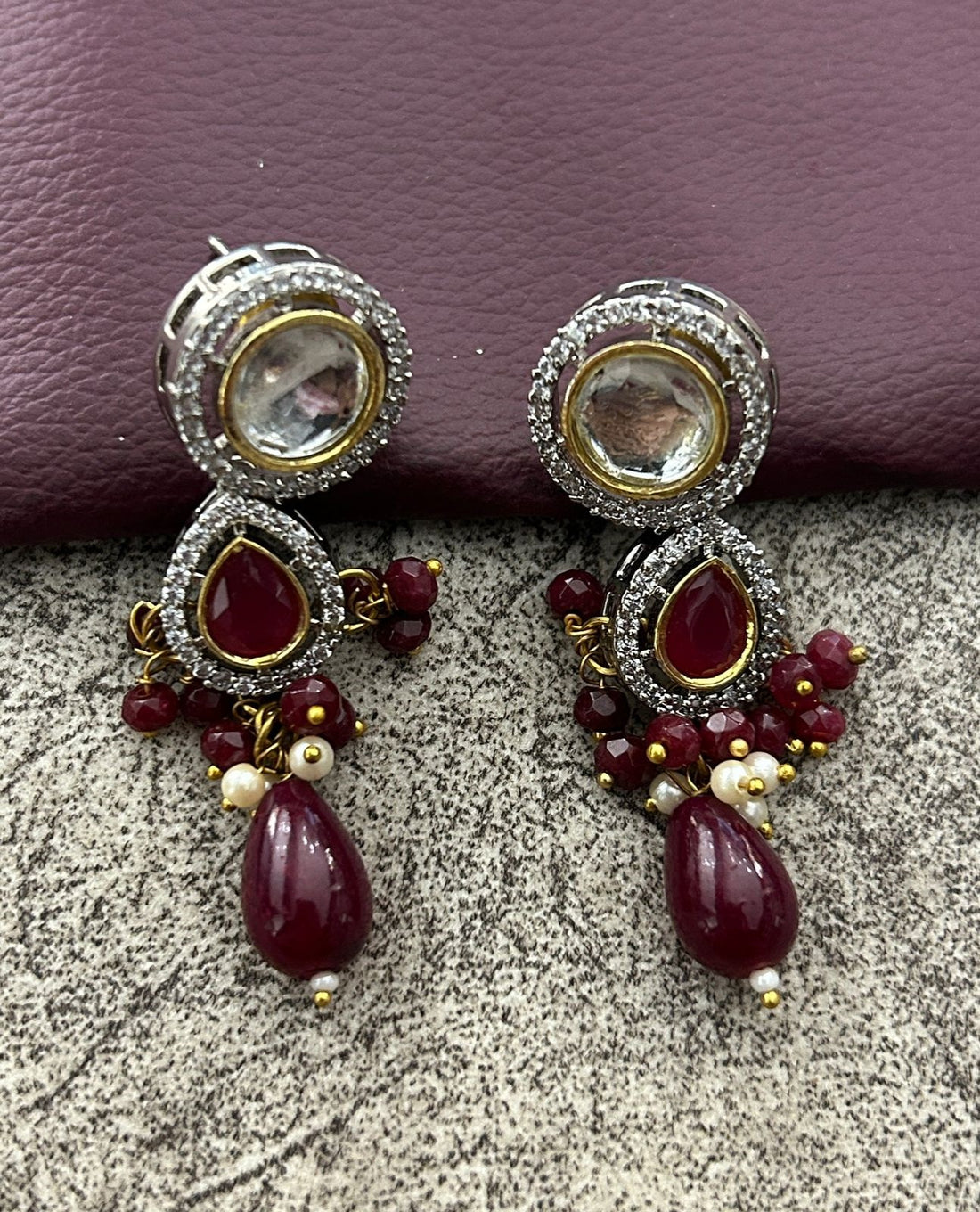 Maroon Beaded Long Necklace Set with Pendant & Earrings