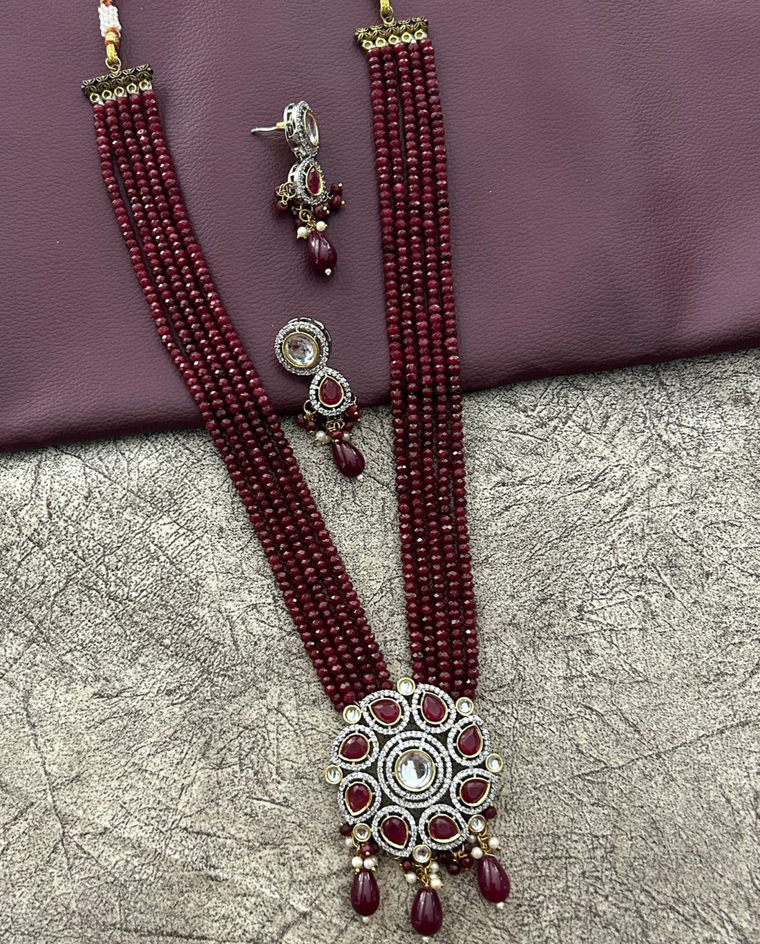 Maroon Beaded Long Necklace Set with Pendant & Earrings