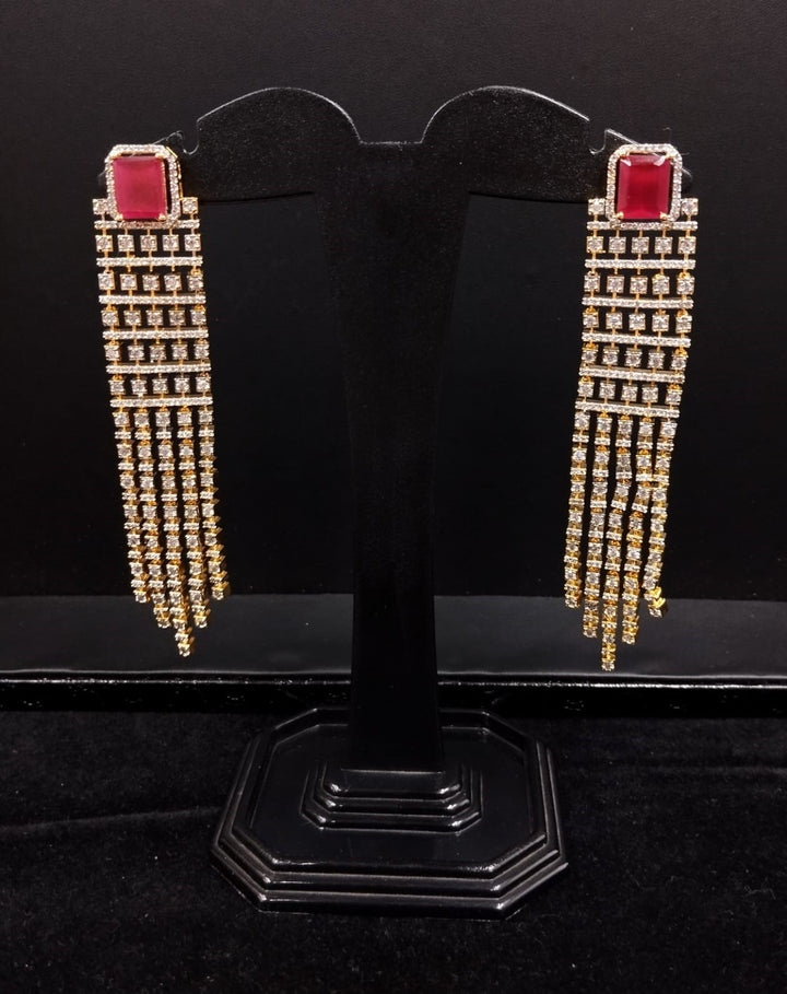 Red Stone Gold Finish Long Tassel Earrings