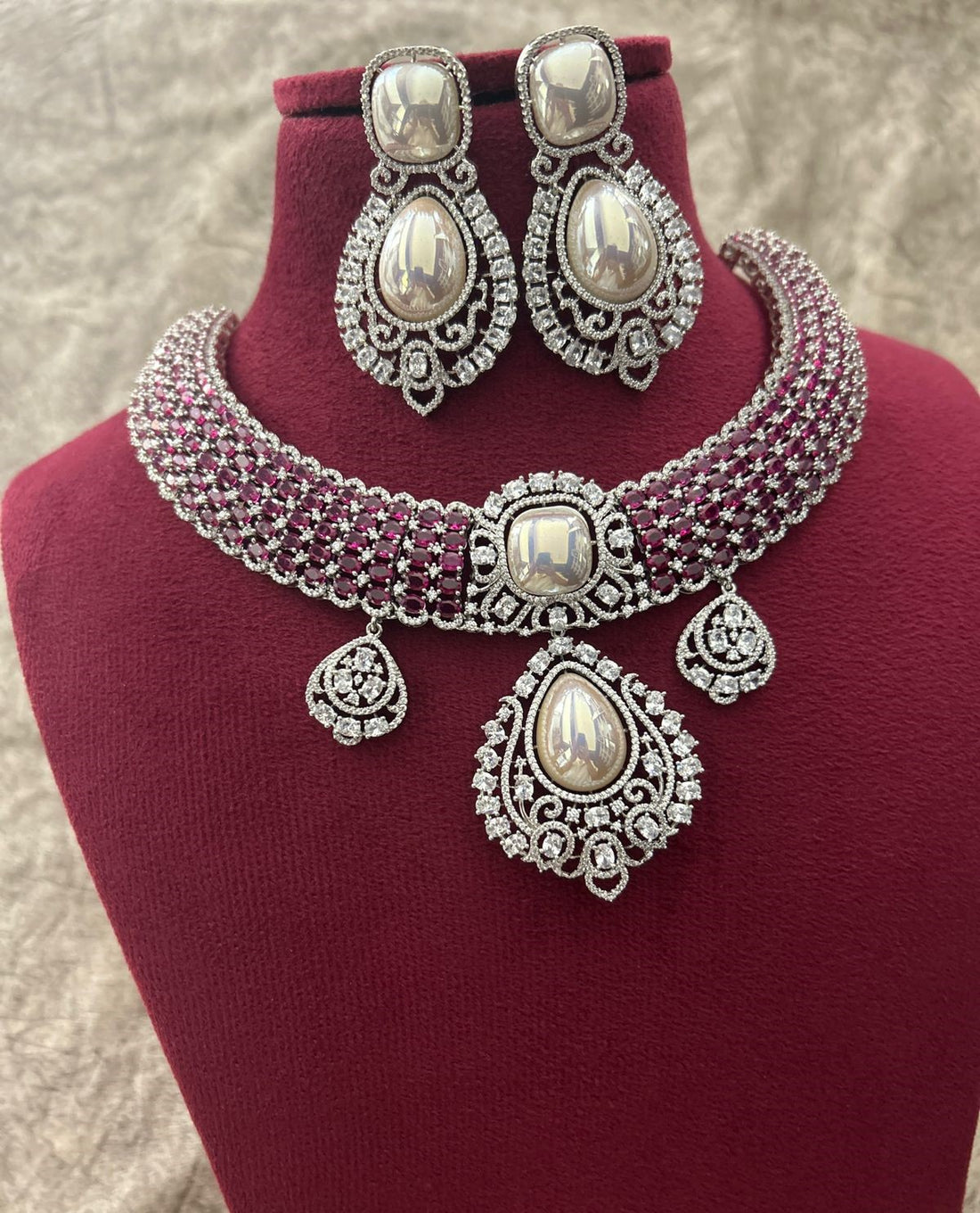 Pink Stone American Diamond Pearl Choker Necklace Set