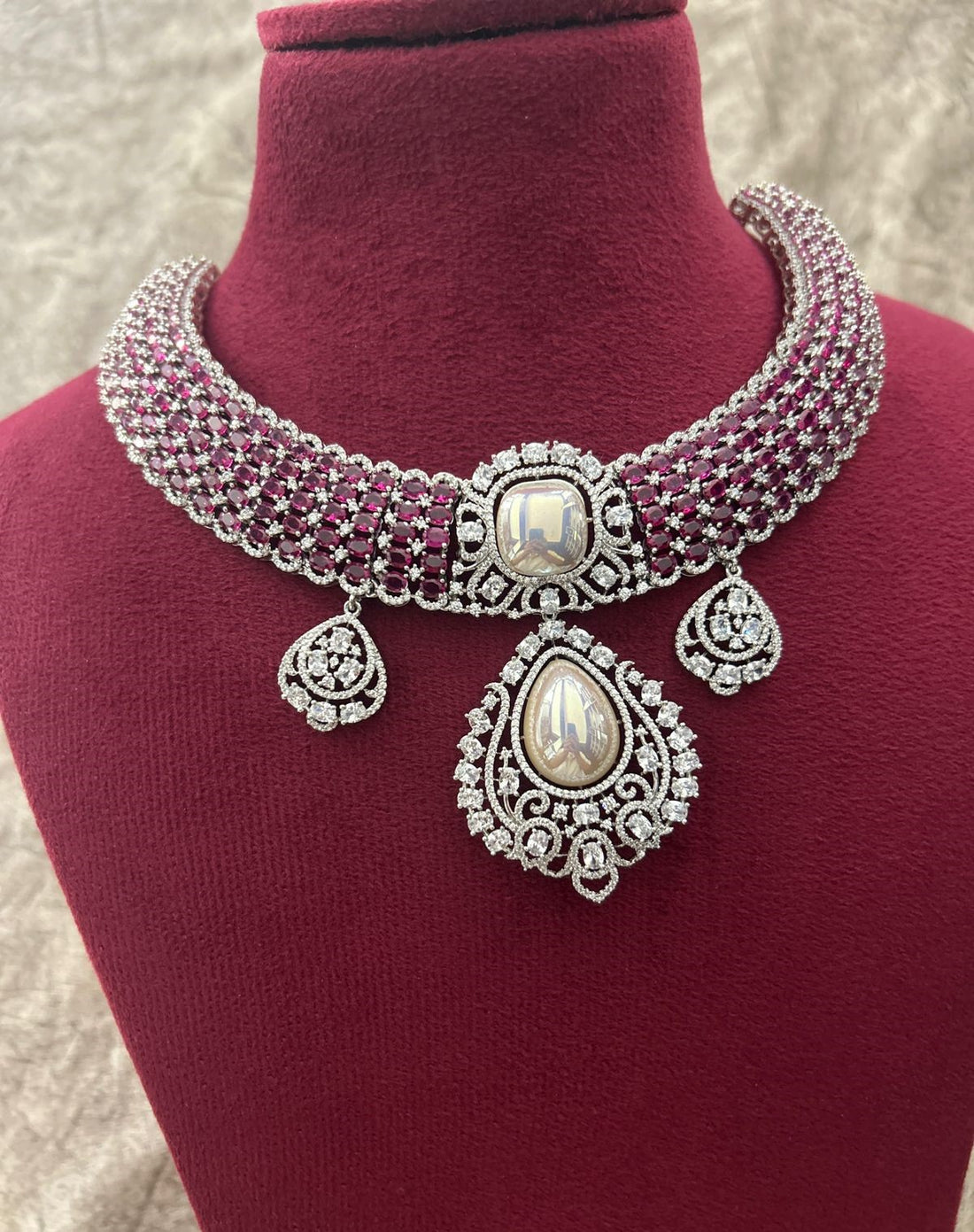 Pink Stone American Diamond Pearl Choker Necklace Set