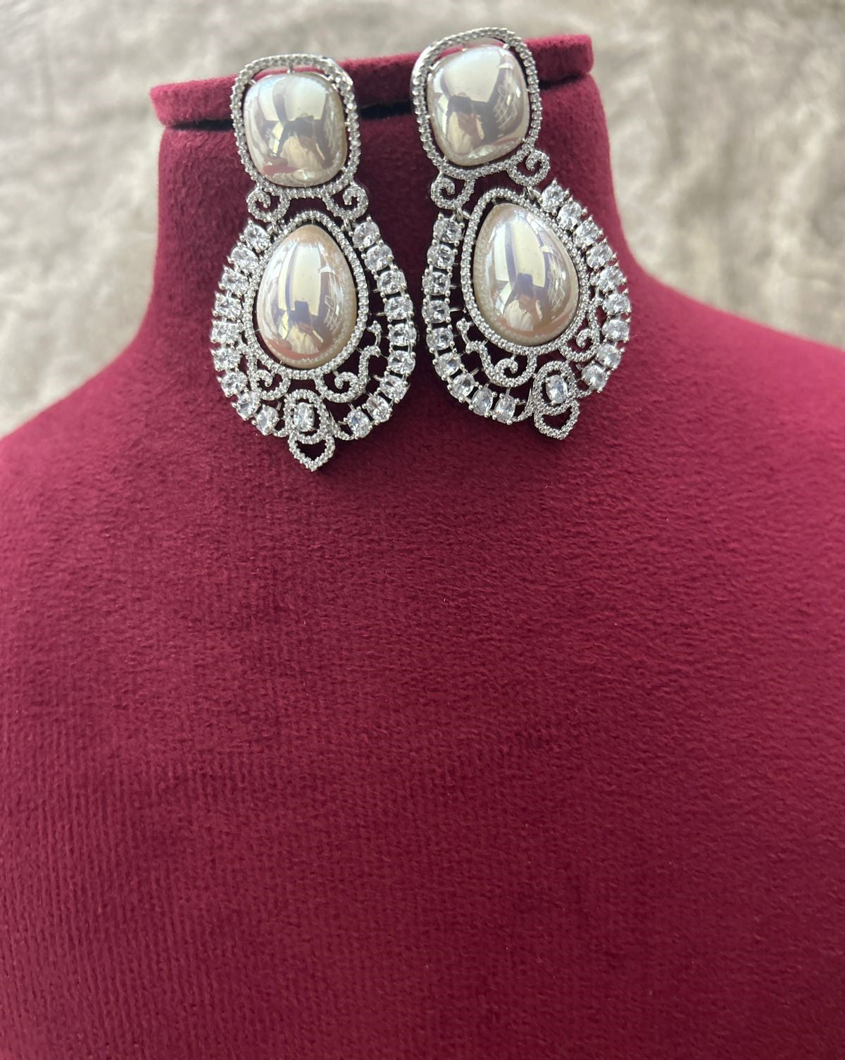 Pink Stone American Diamond Pearl Choker Necklace Set