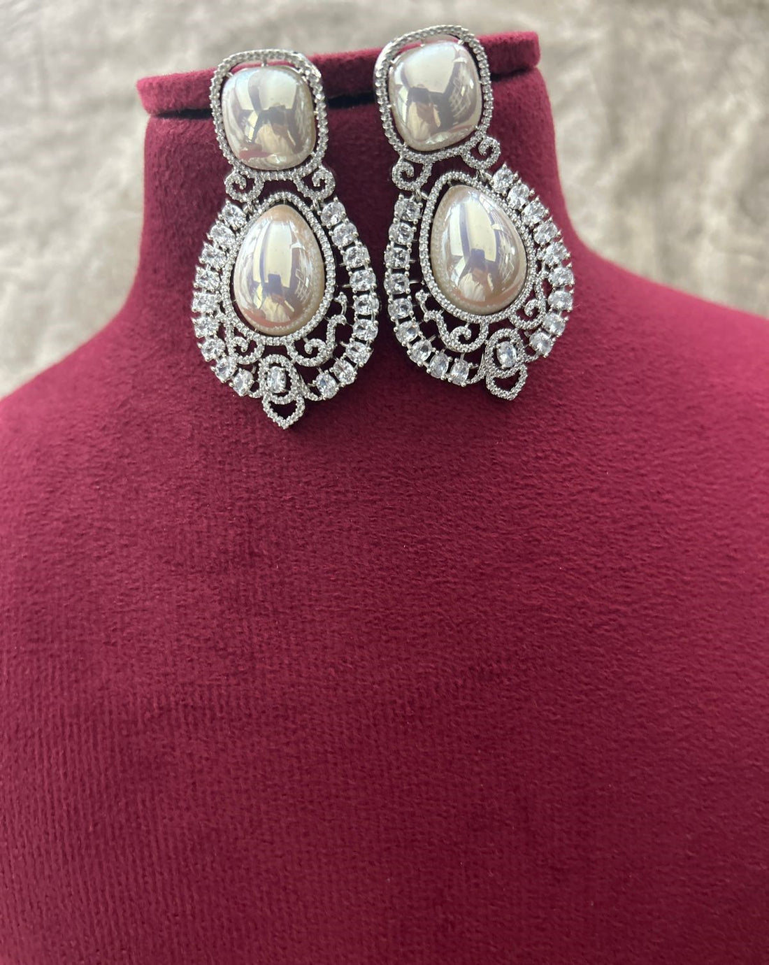 Pink Stone American Diamond Pearl Choker Necklace Set