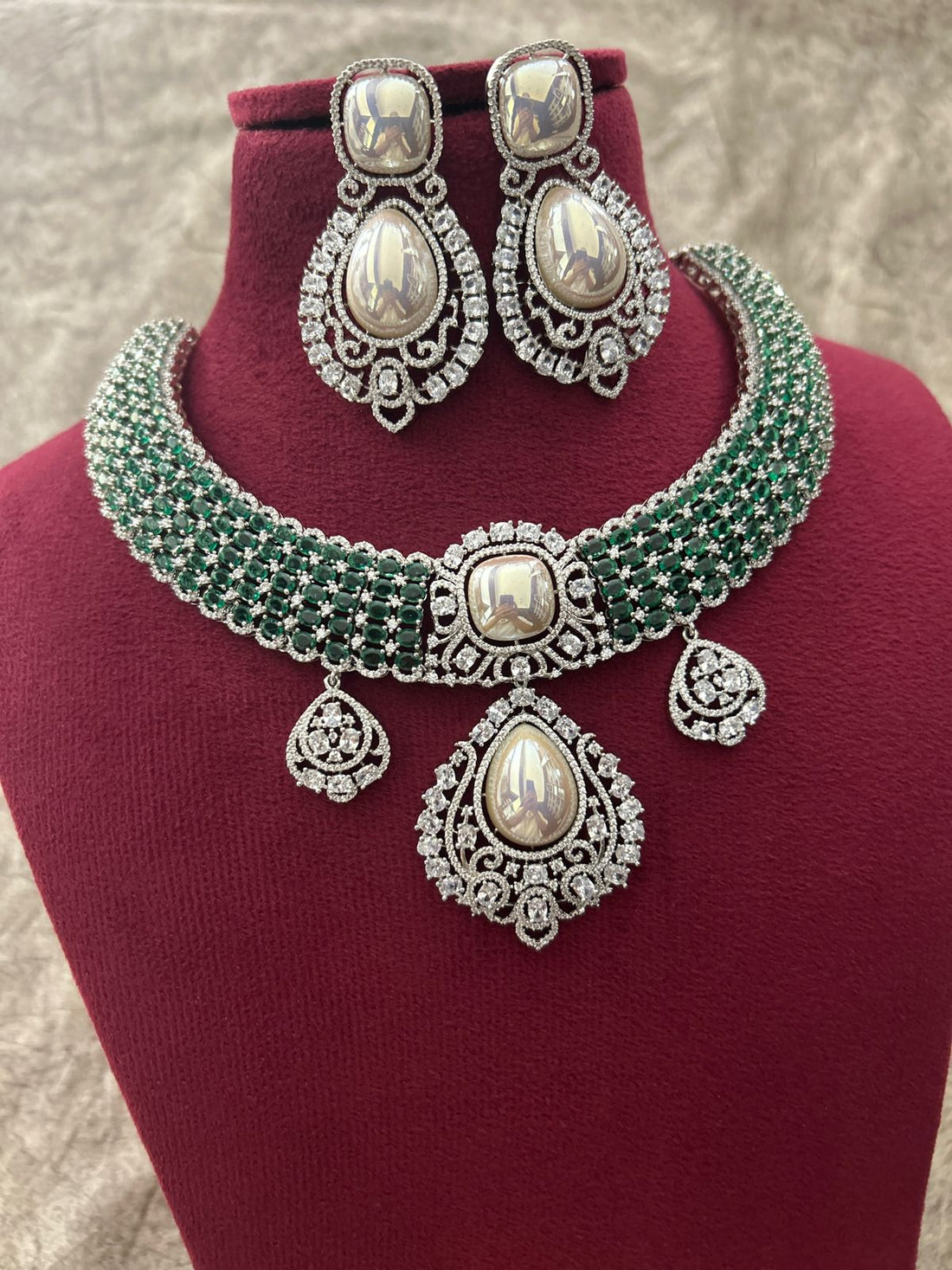 Green Stone American Diamond Pearl Choker Necklace Set
