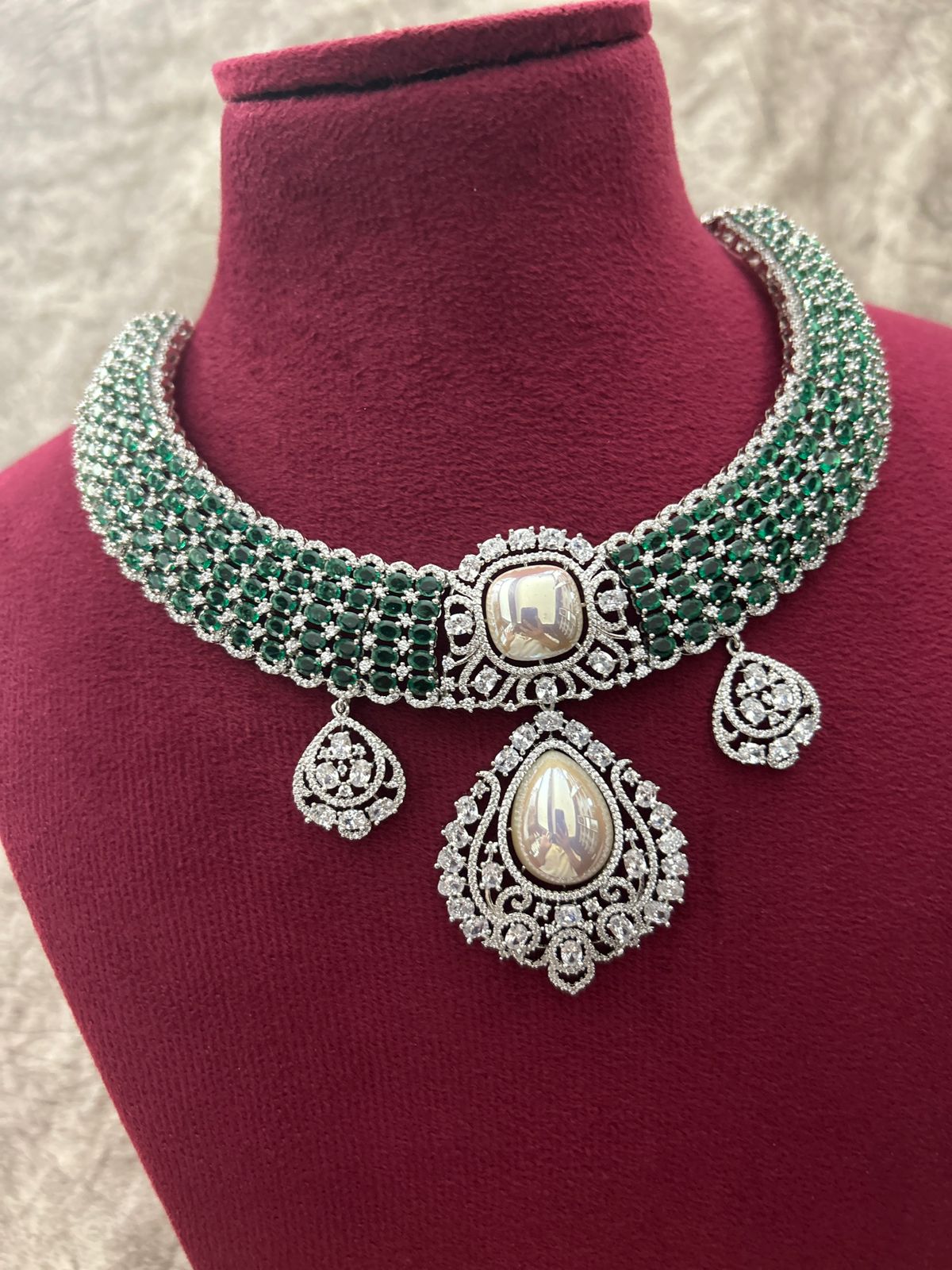 Green Stone American Diamond Pearl Choker Necklace Set