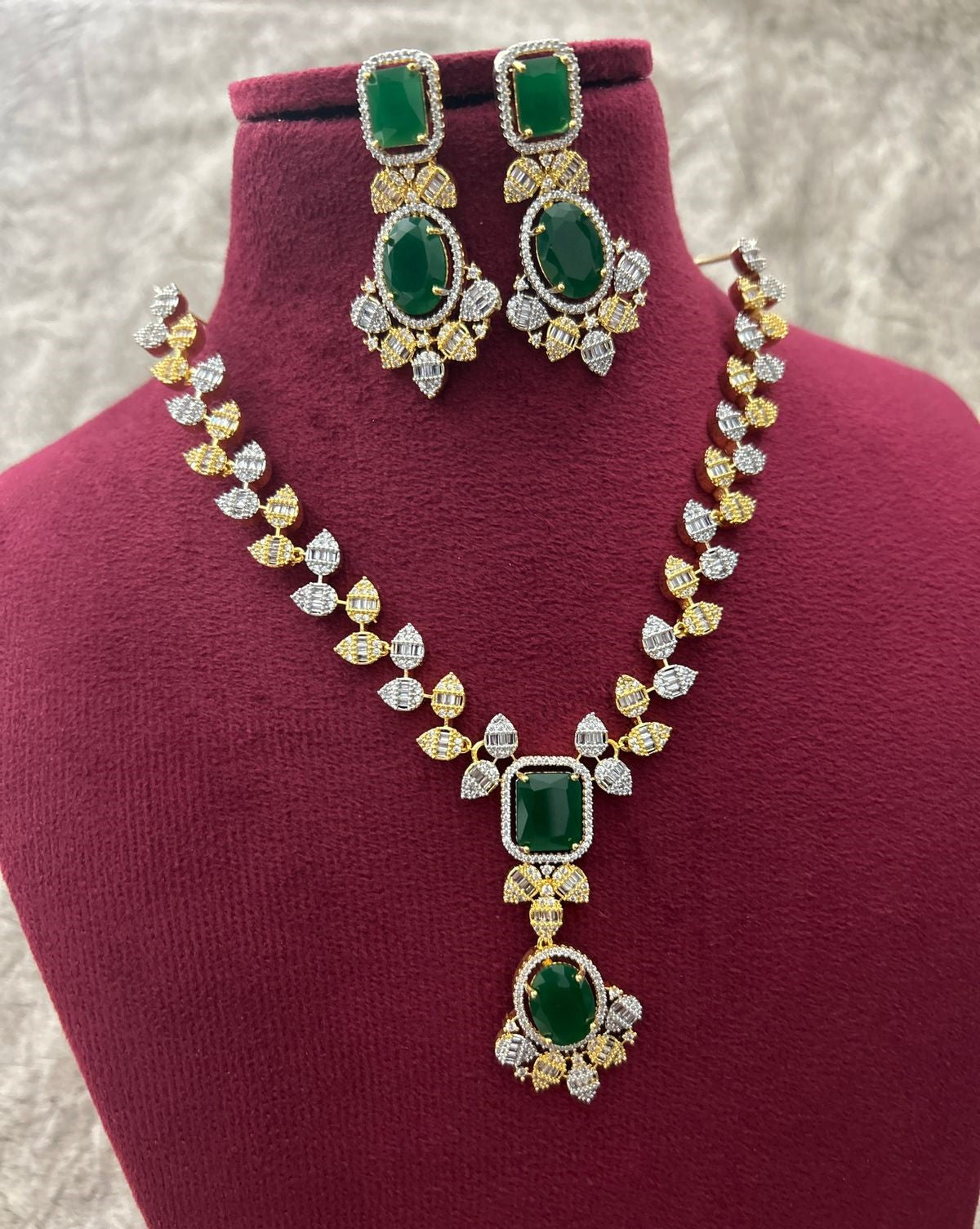 Gold Polish American Diamond Green Stone Designer Necklace Set