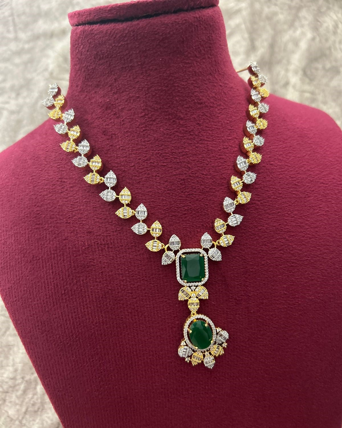 Gold Polish American Diamond Green Stone Designer Necklace Set