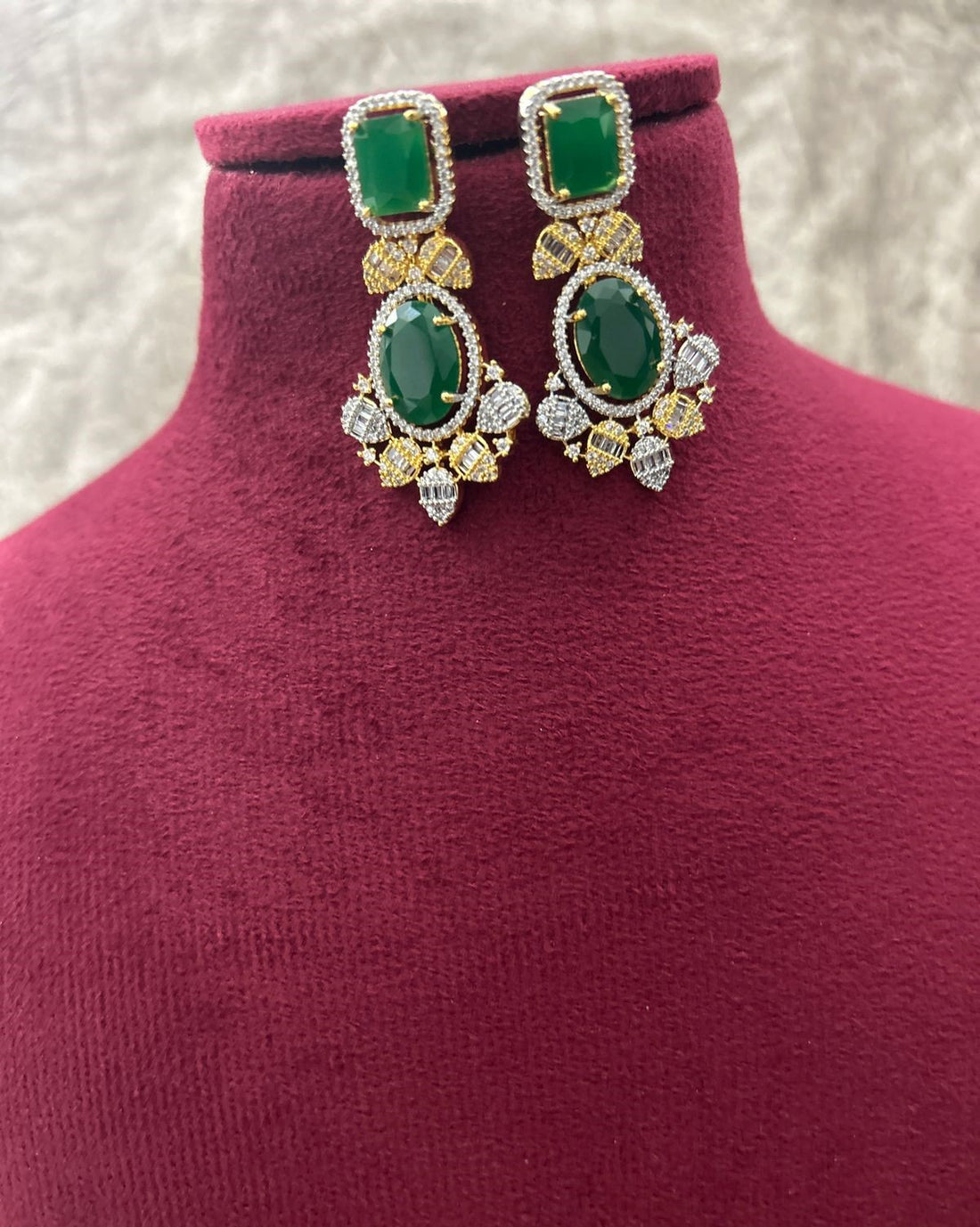 Gold Polish American Diamond Green Stone Designer Necklace Set