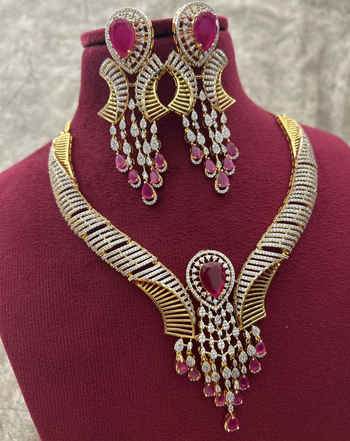 Gold Polish American Diamond Pink Stone Heavy Necklace Set