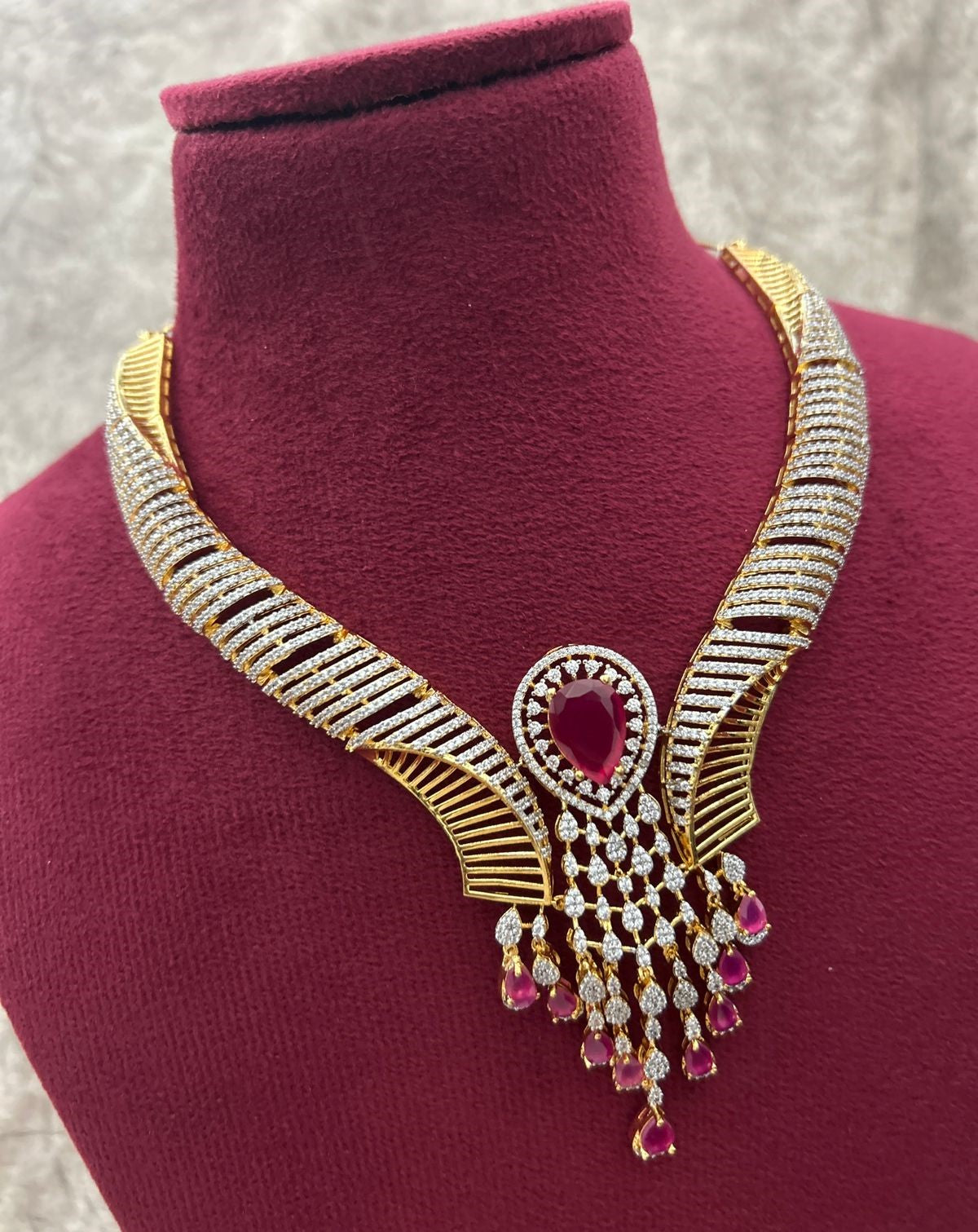 Gold Polish American Diamond Pink Stone Heavy Necklace Set