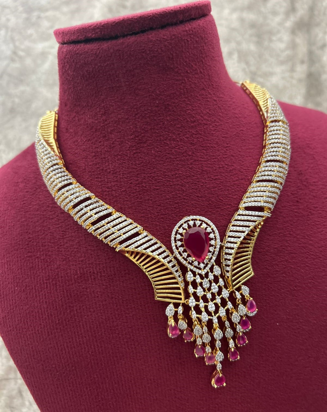 Gold Polish American Diamond Pink Stone Heavy Necklace Set