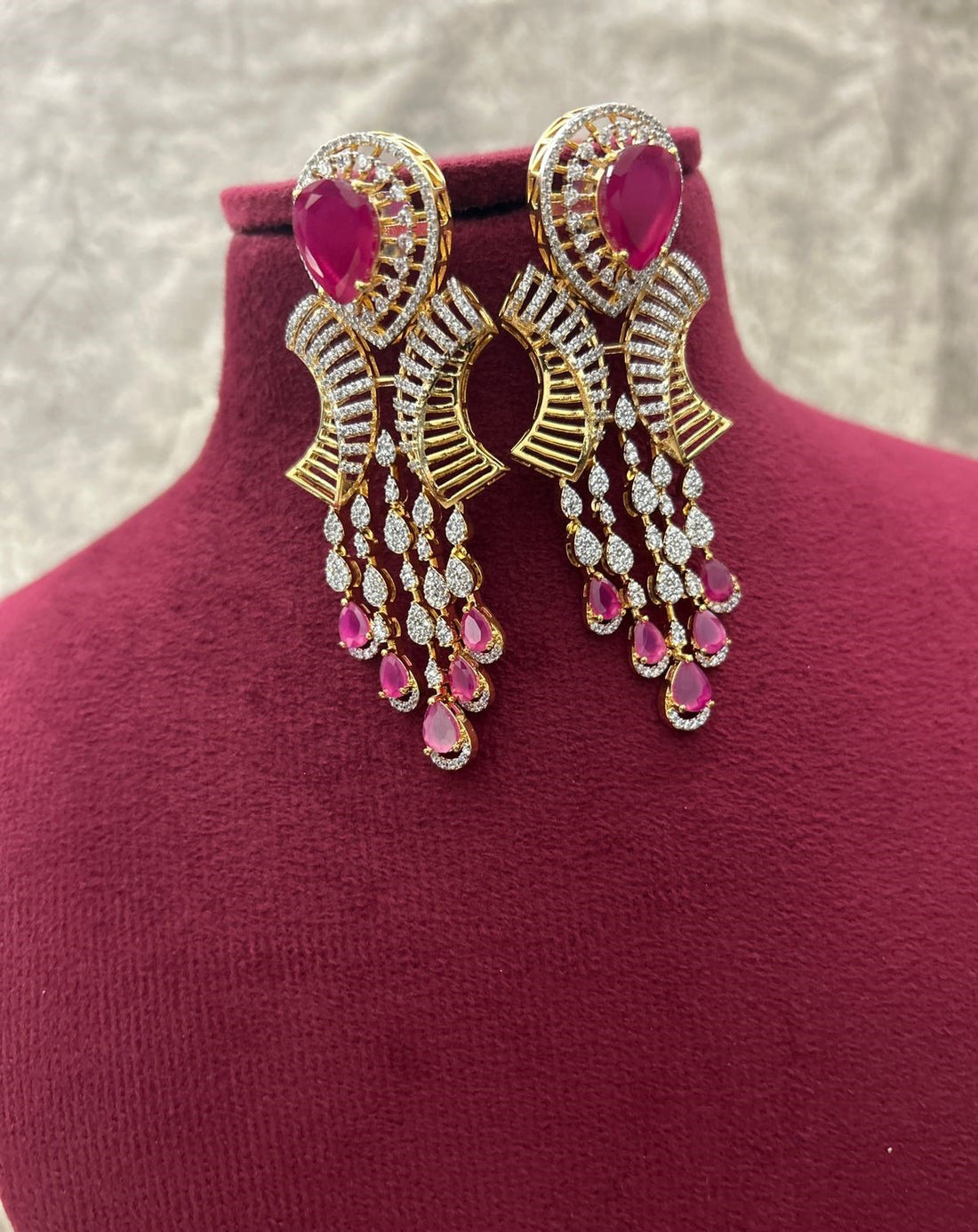 Gold Polish American Diamond Pink Stone Heavy Necklace Set