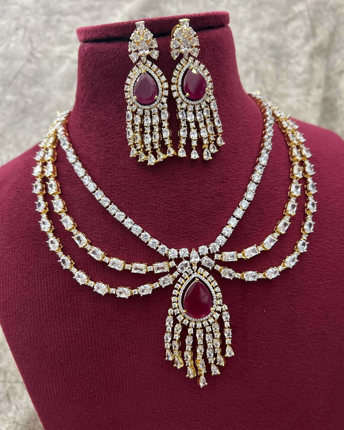 Gold Polish American Diamond Red Stone Layered Necklace Set