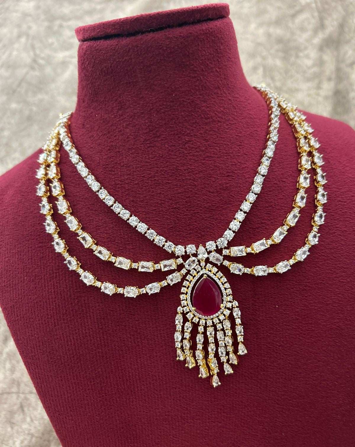 Gold Polish American Diamond Red Stone Layered Necklace Set