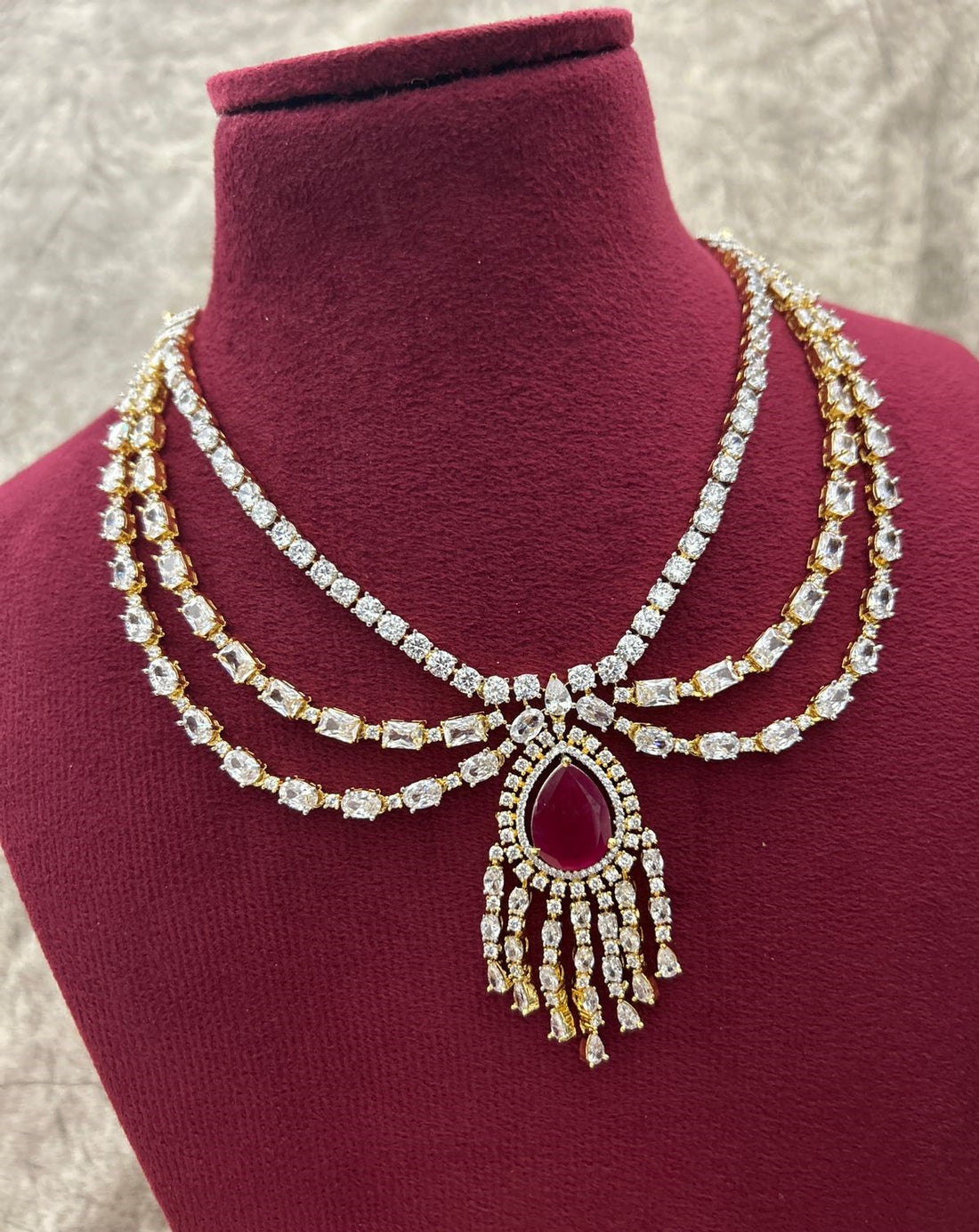 Gold Polish American Diamond Red Stone Layered Necklace Set