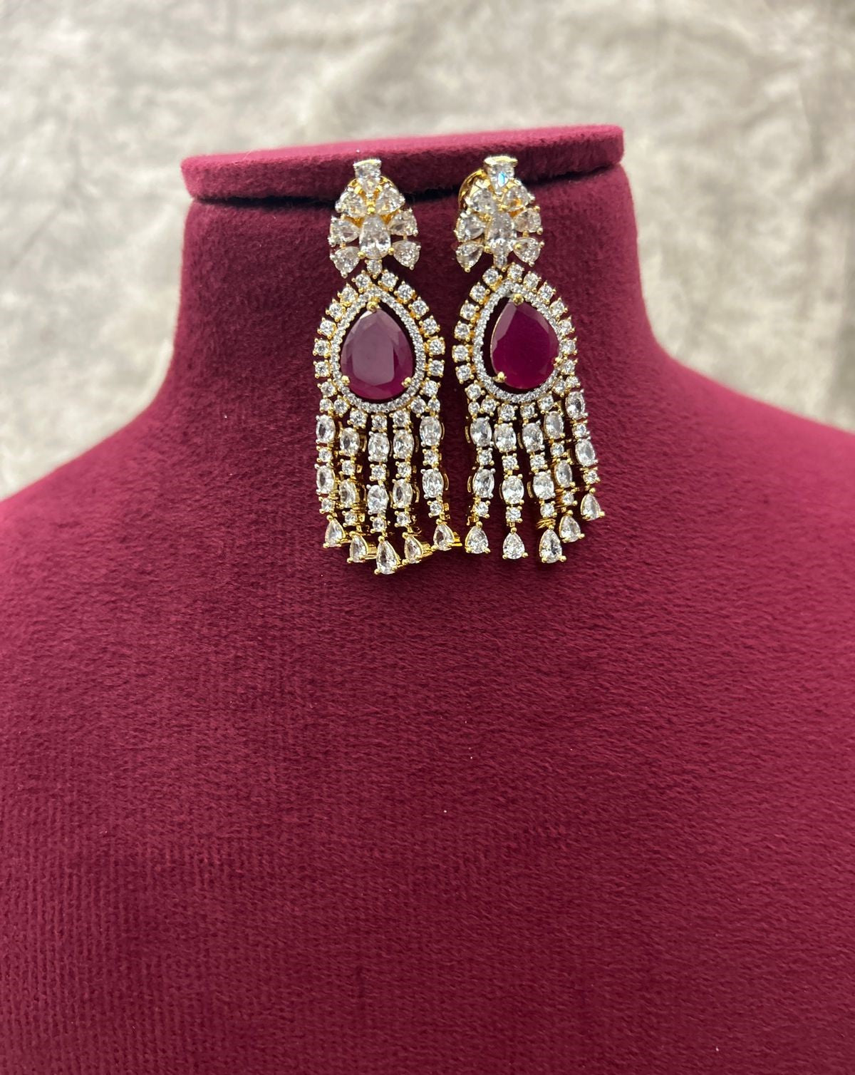 Gold Polish American Diamond Red Stone Layered Necklace Set