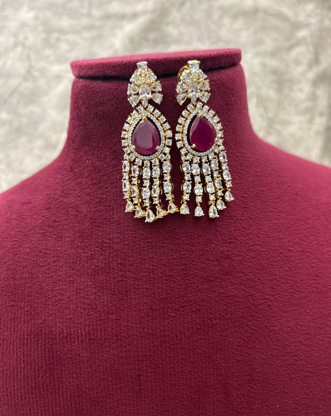 Gold Polish American Diamond Red Stone Layered Necklace Set