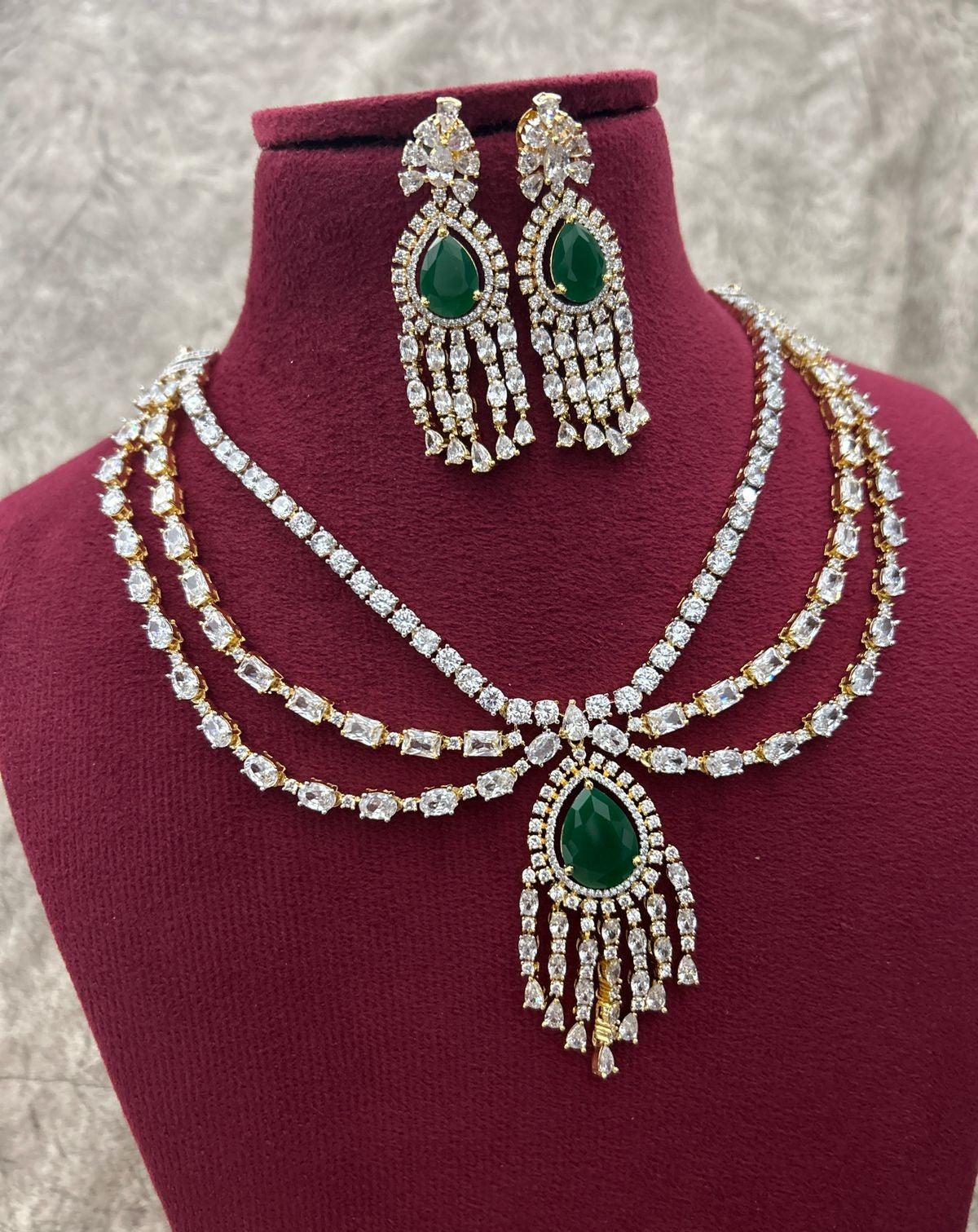 Gold Polish American Diamond Green Stone Layered Necklace Set