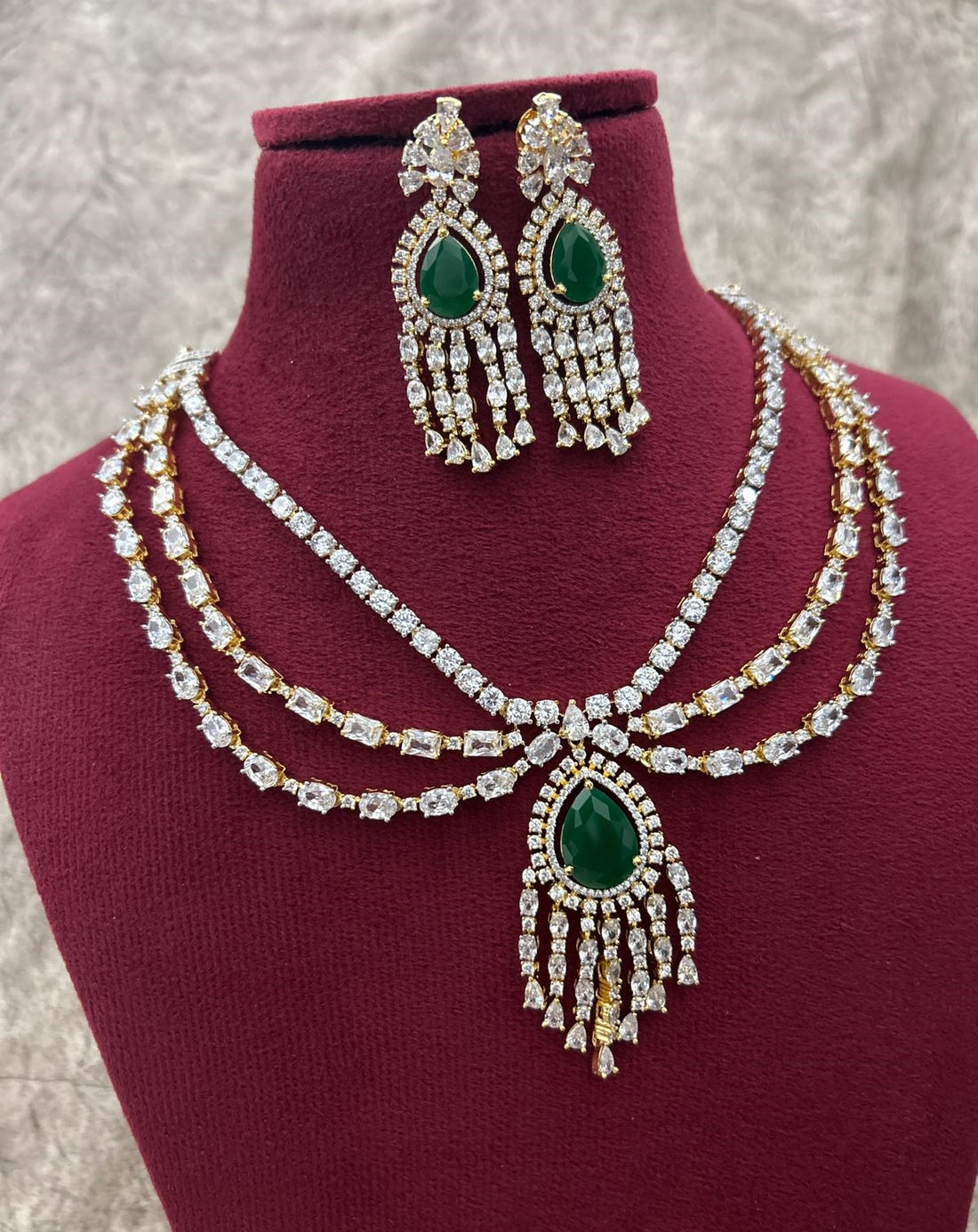 Gold Polish American Diamond Green Stone Layered Necklace Set