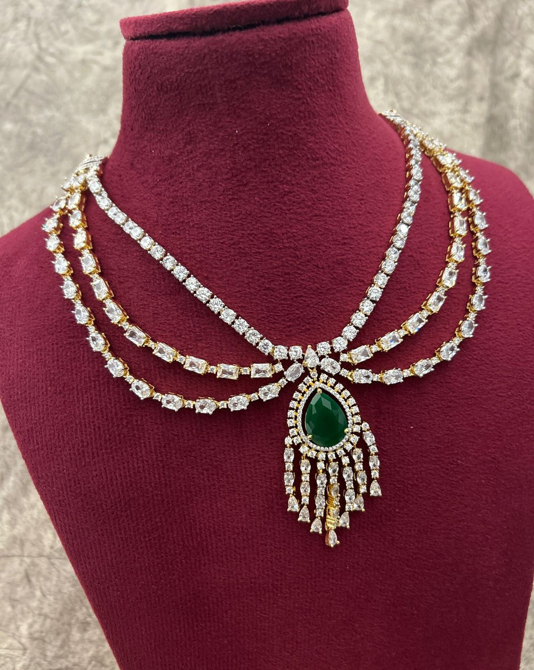 Gold Polish American Diamond Green Stone Layered Necklace Set