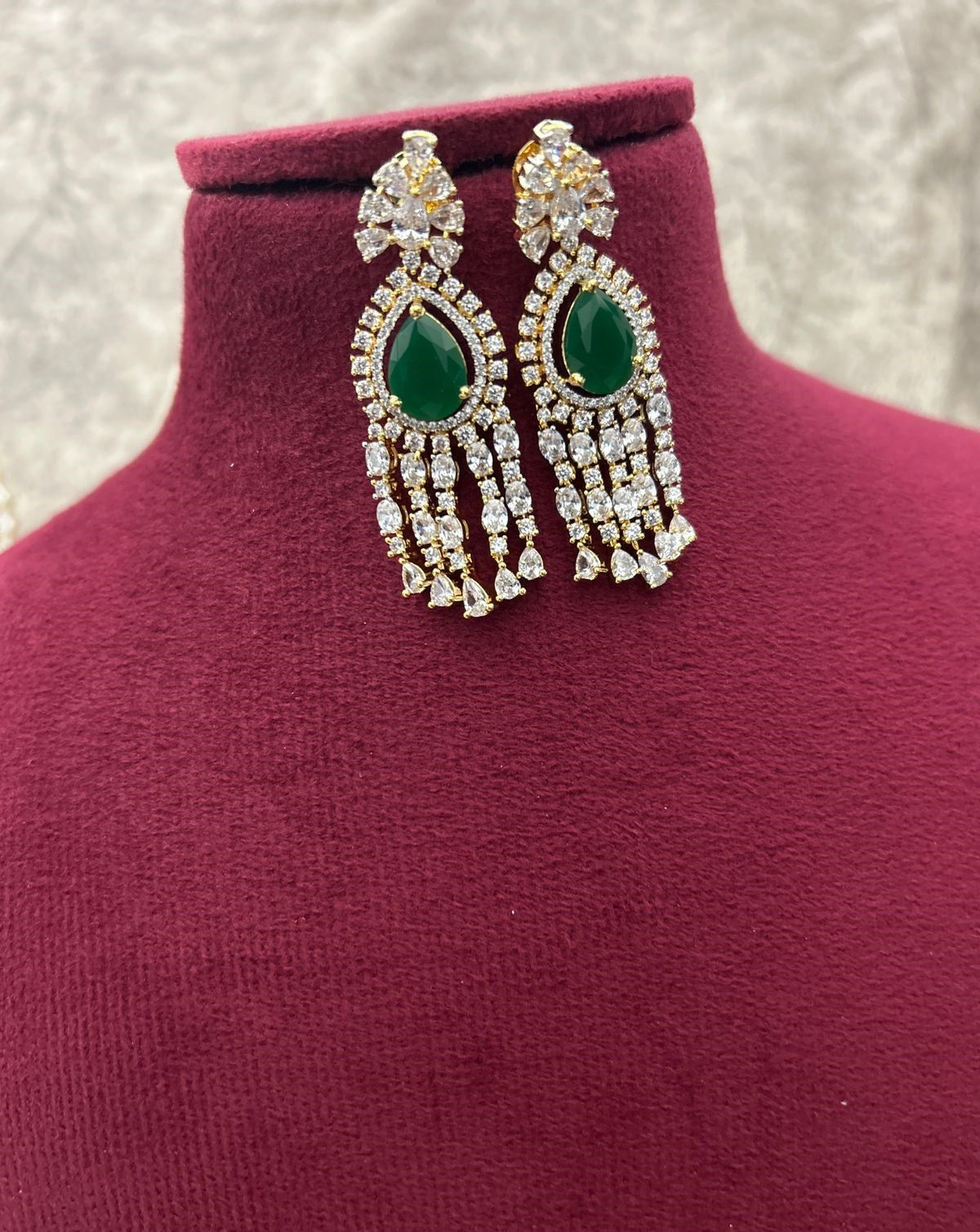 Gold Polish American Diamond Green Stone Layered Necklace Set