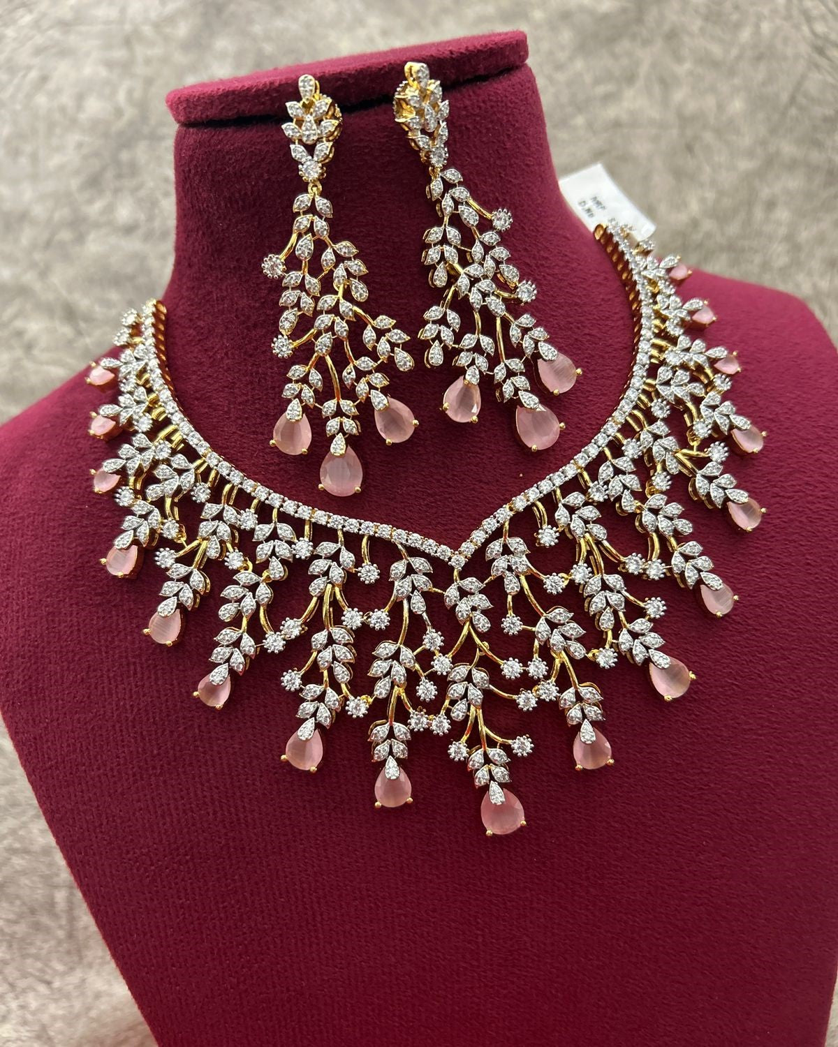 Gold Polish American Diamond Pink Stone Leaf Design Necklace Set