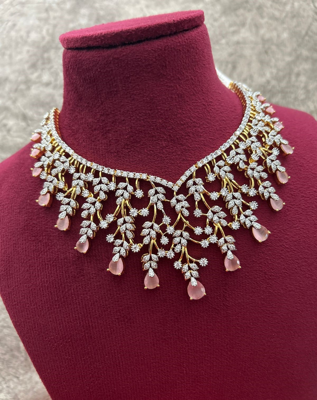 Gold Polish American Diamond Pink Stone Leaf Design Necklace Set