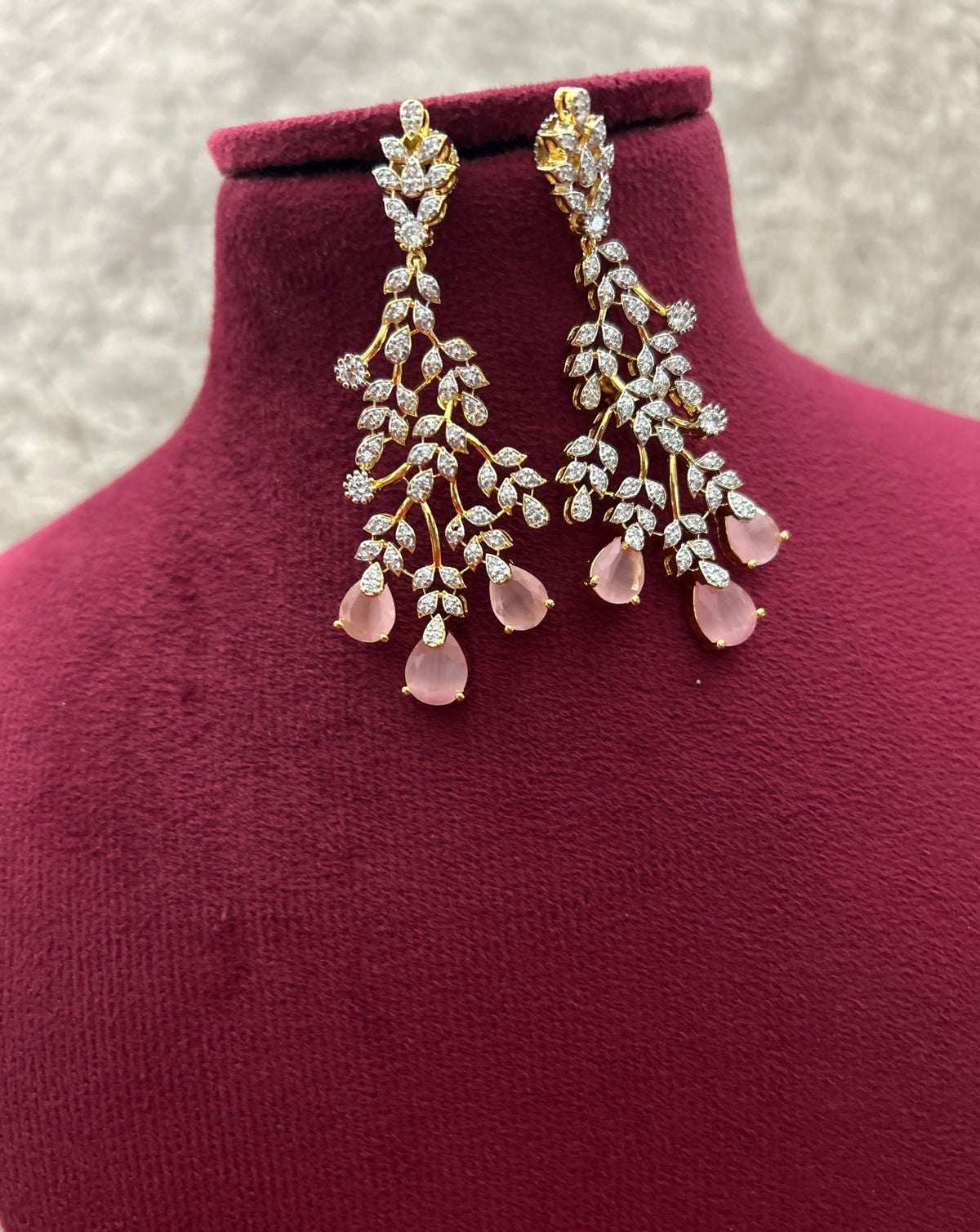 Gold Polish American Diamond Pink Stone Leaf Design Necklace Set