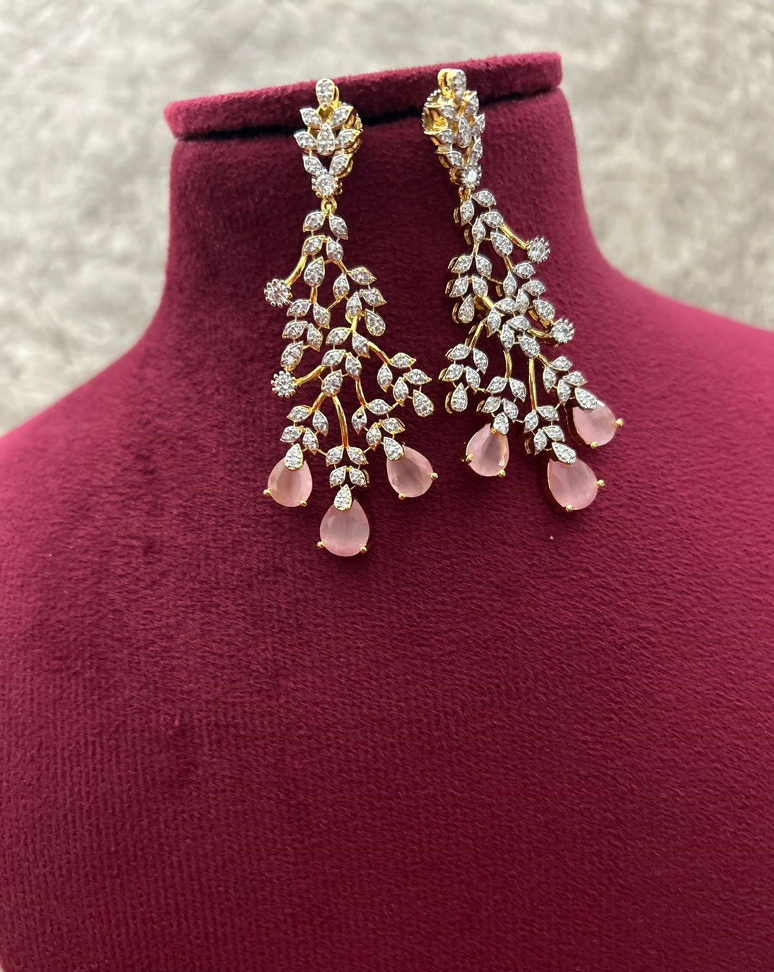 Gold Polish American Diamond Pink Stone Leaf Design Necklace Set