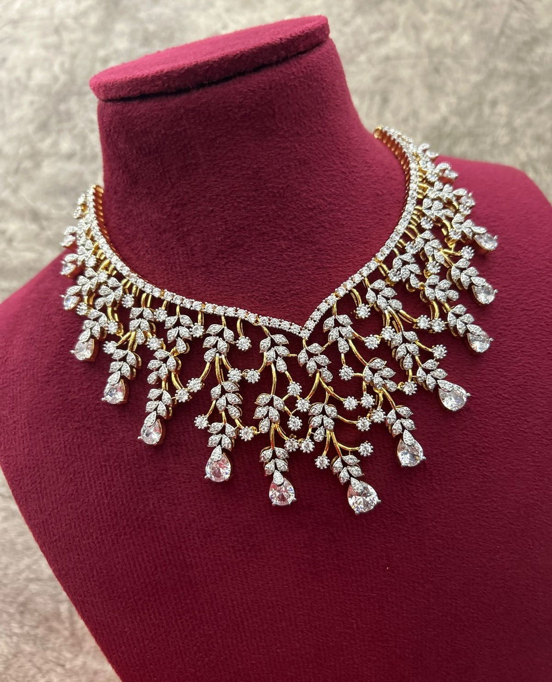 Gold Polish American Diamond Leaf Design Necklace Set