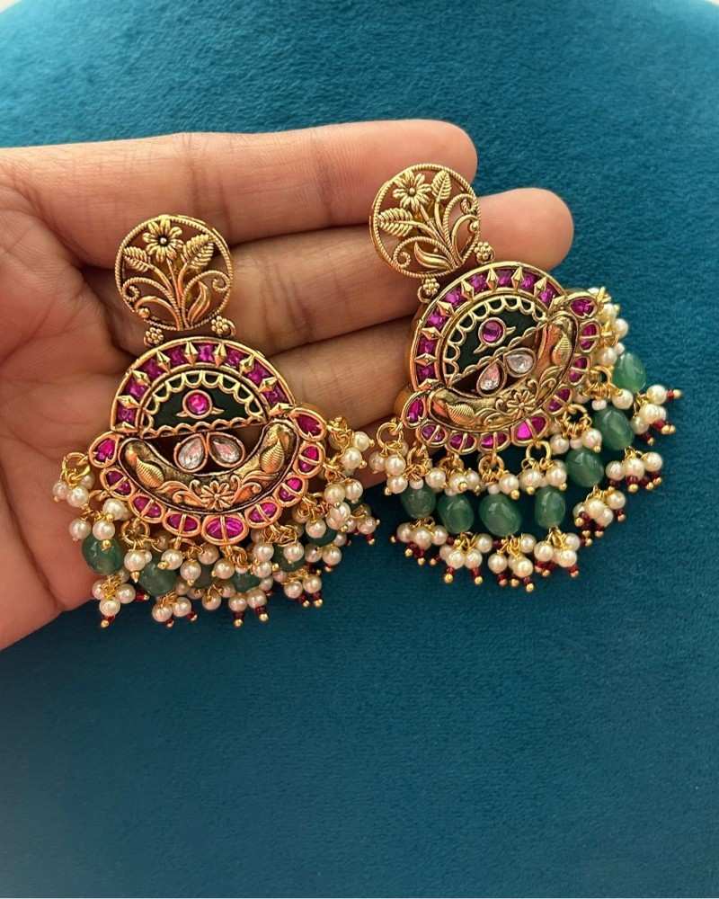 Traditional Gold Finish Temple Necklace Set with Green Beads & Kundan Work