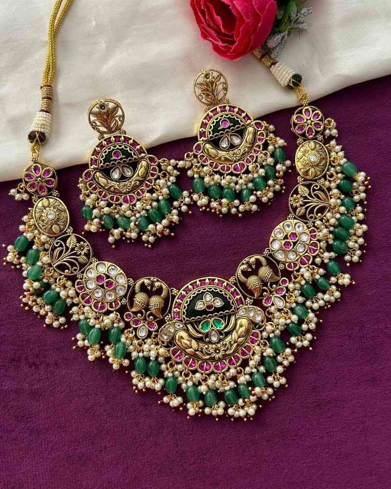 Traditional Gold Finish Temple Necklace Set with Green Beads & Kundan Work