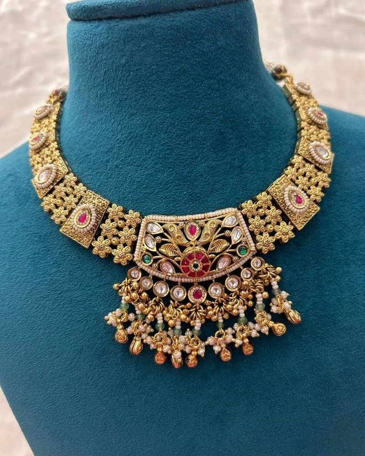 Traditional Gold Finish Temple Necklace Set with Kundan Work, Pearl & Bead Drops