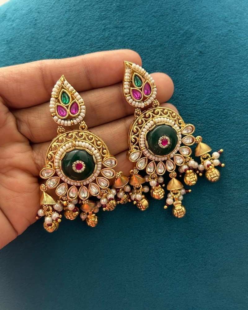 Traditional Gold Finish Kundan Necklace Set with Green Enamel, Pink Stones & Pearl Drops