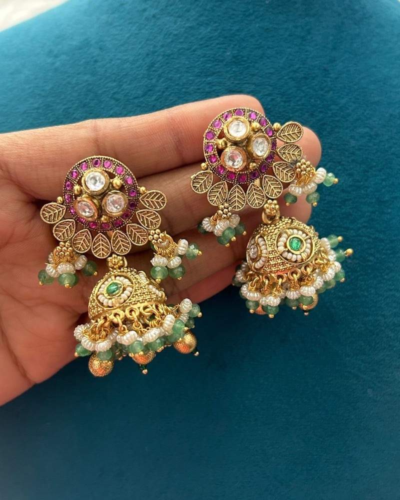 Traditional Gold Finish Pearl Antique Necklace Set with Green Beads, Kundan Work & Pink Stones