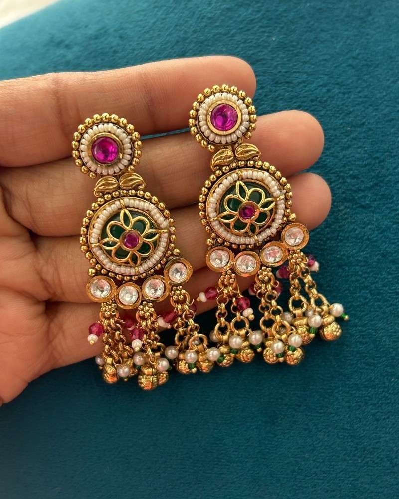 Traditional Gold Finish Temple Necklace Set with Green Enamel, Pink Stones & Pearl Drops