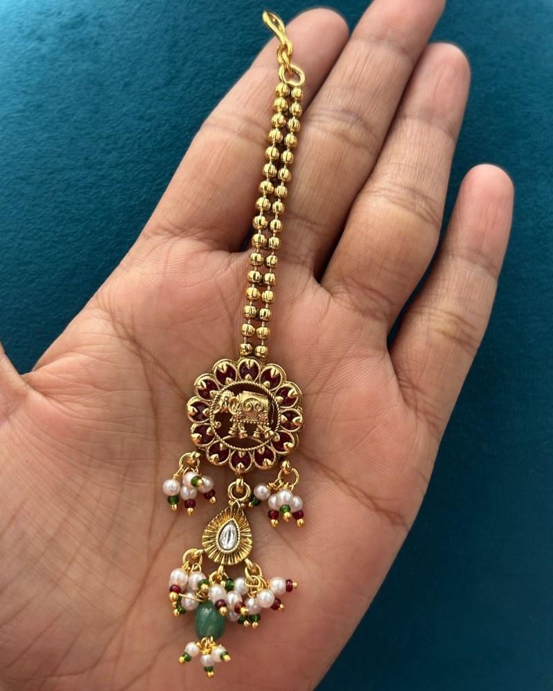 Traditional Gold Finish Temple Necklace Set with Green Beads, Pearl Drops & Kundan Work