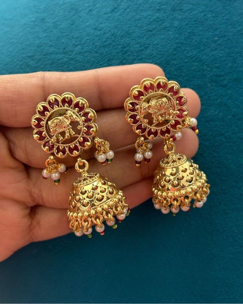 Traditional Gold Finish Temple Necklace Set with Green Beads, Pearl Drops & Kundan Work