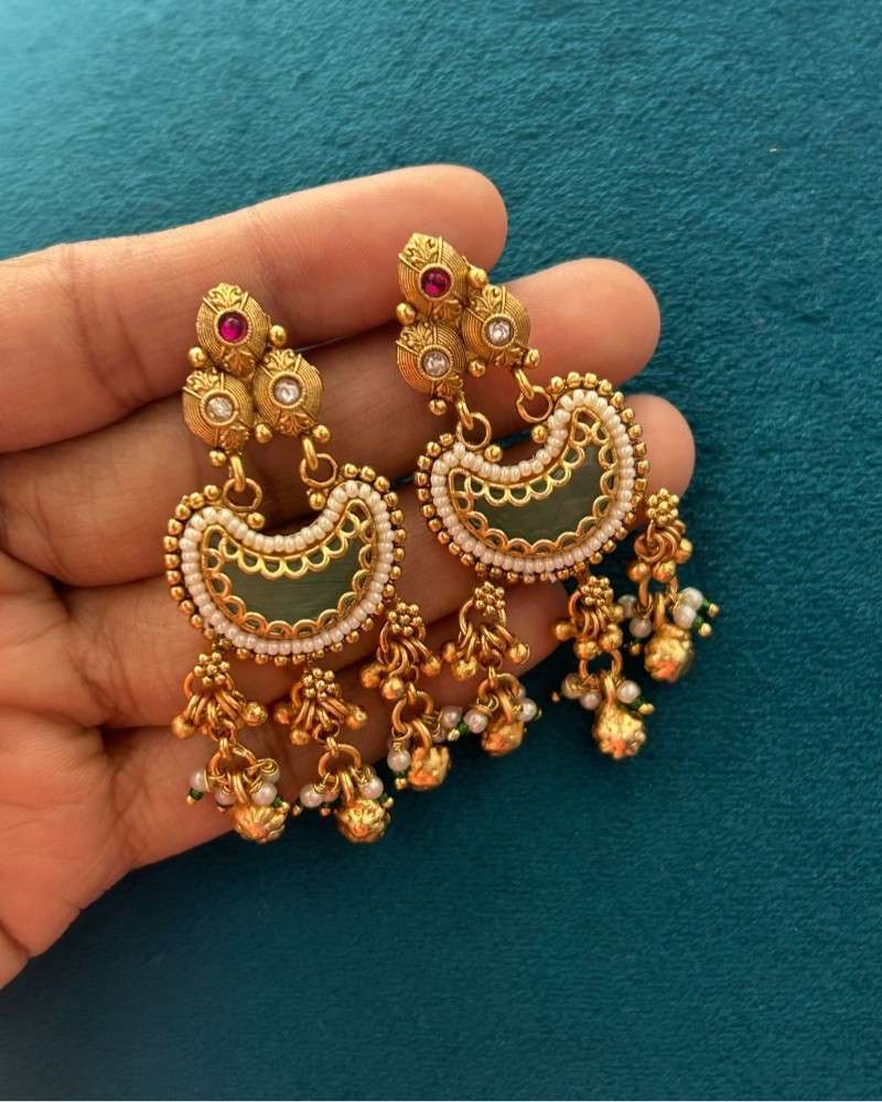 Traditional Gold Finish Temple Necklace Set with Green Enamel & Dangling Earrings