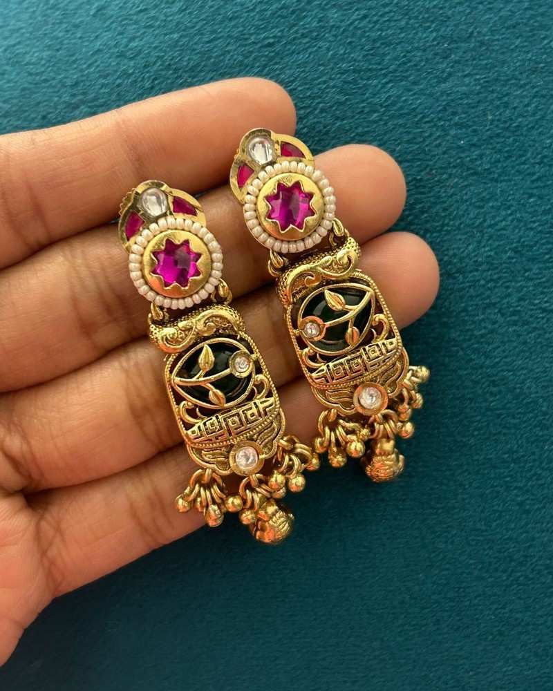 Traditional Gold Finish Pearl Necklace Set with Green Enamel & Pink Stone Work