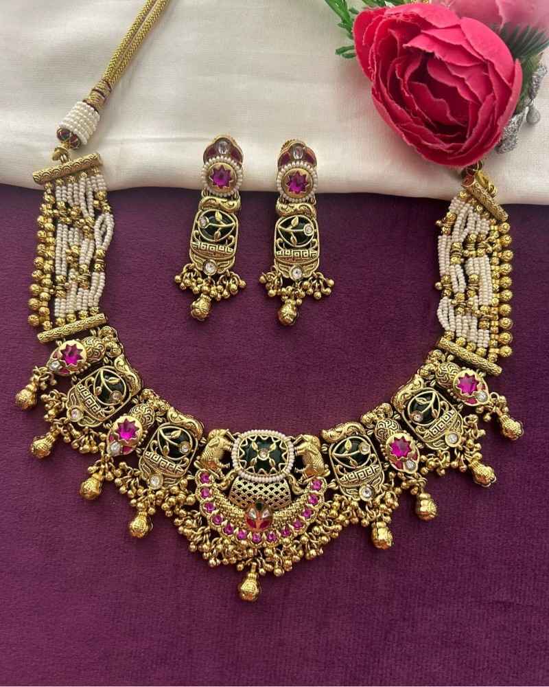 Traditional Gold Finish Pearl Necklace Set with Green Enamel & Pink Stone Work